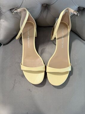 Stuart Weitzman Pale Yellow Ankle-Strap Block Heel Sandals